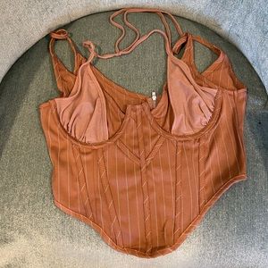 pretty little thing brown tie neck pinstripe corset top